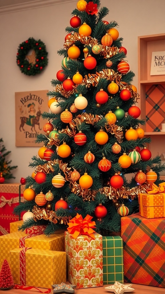A retro 70s Christmas tree with colorful ornaments, tinsel, and lights, surrounded by vintage decorations and gifts.